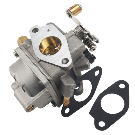 photo of JLM Marine carburetor for Yamaha 6hp 6bx 14301-18-34613, silver, brass fittings, two black gaskets