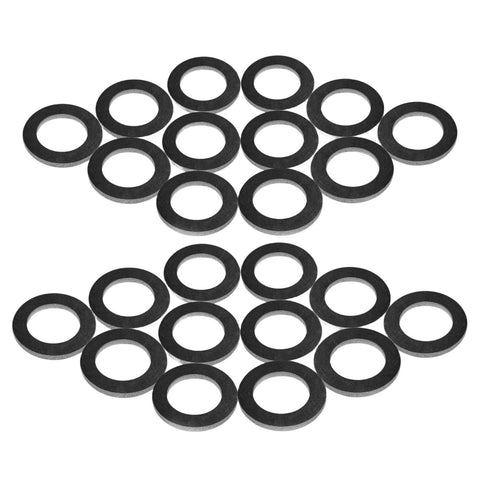 photo of seven black drain screw gaskets for mercury mercruiser and johnson evinrude lower unit 12-19184 in plus sign pattern