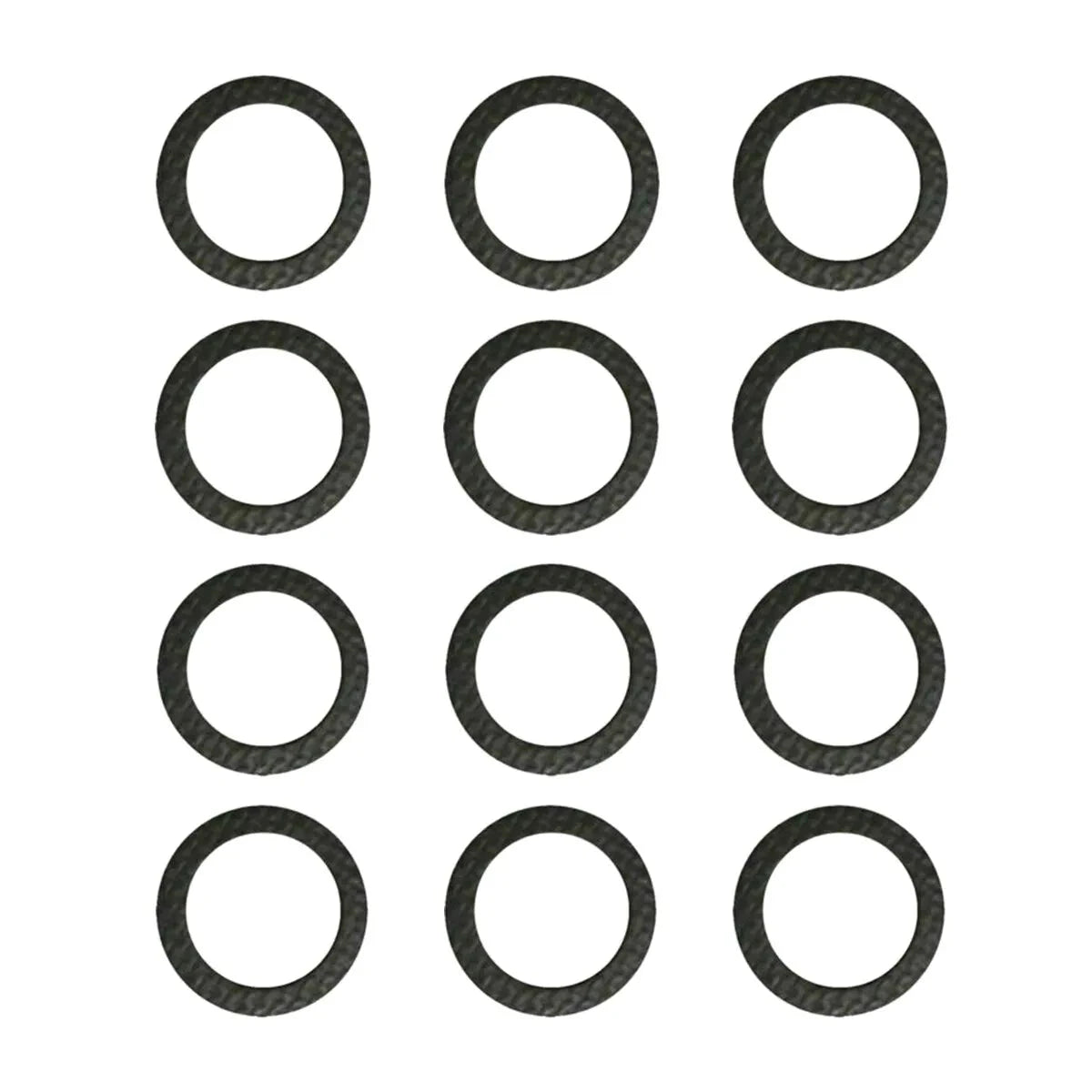 photo of jlm marine drain screw gasket 12-19184 for mercury mercruiser johnson evinrude lower unit, 12 circular dark textured washers in 4x3 grid, evenly spaced