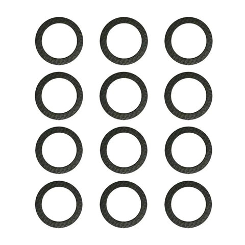photo of jlm marine drain screw gasket 12-19184 for mercury mercruiser johnson evinrude lower unit, 12 circular dark textured washers in 4x3 grid, evenly spaced