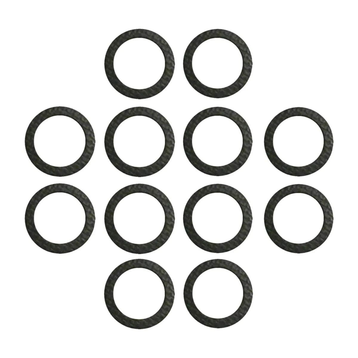 photo of ten jlm marine drain screw gaskets 12-19184, dark gray circular rings with textured parallel grooves and central holes