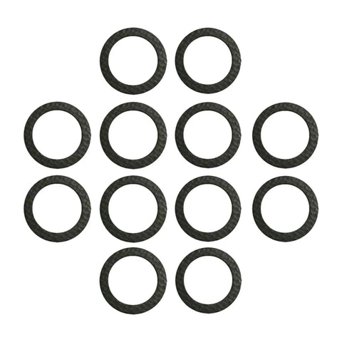 photo of ten jlm marine drain screw gaskets 12-19184, dark gray circular rings with textured parallel grooves and central holes