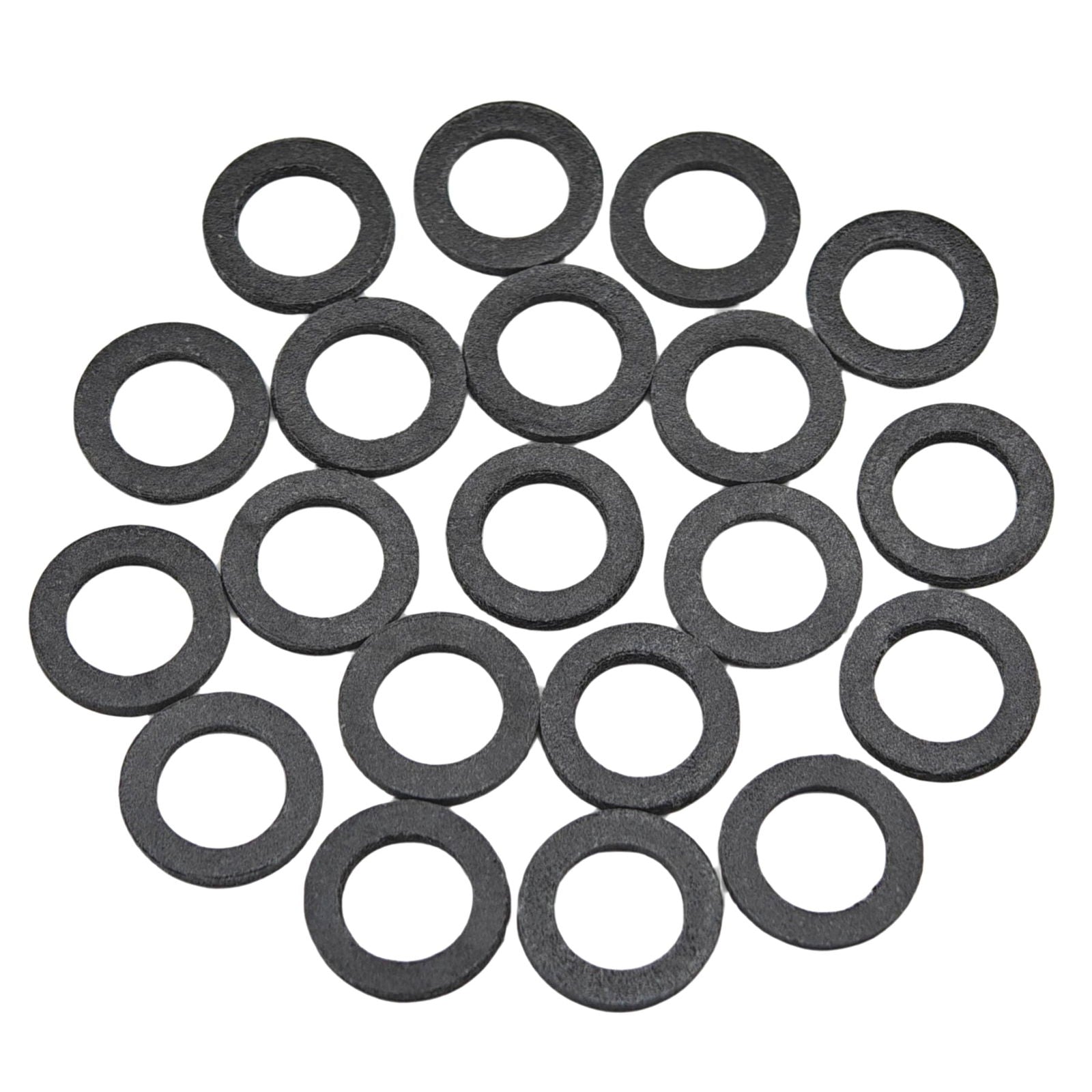 photo of JLM Marine drain screw gasket 12-19184, dark gray ring washers scattered on white background