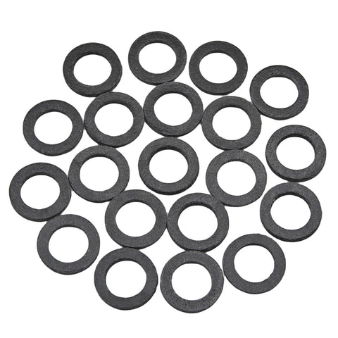 photo of JLM Marine drain screw gasket 12-19184, dark gray ring washers scattered on white background