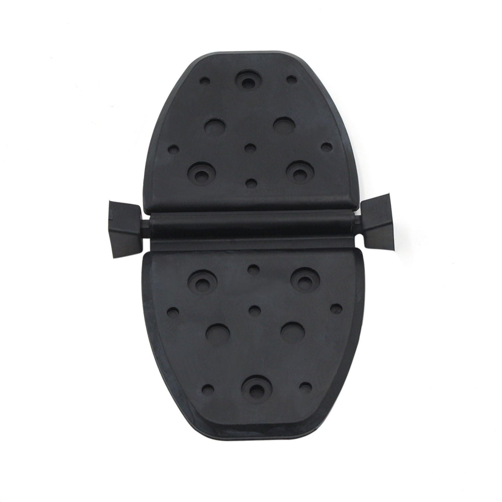 photo of JLM Marine exhaust water shutter 807166a2 for Mercruiser 4.3L V6, black oval, vertically oriented, open hinge with pivoted plates, circular indentations