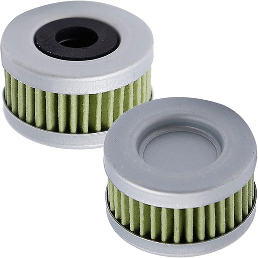 photo of JLM Marine fuel filter element for Honda BF 40-50-60 hp, cylindrical, gray ribbed metal body, pleated light green paper filter, black rubber gasket on top