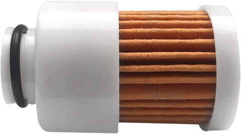photo of JLM Marine fuel filter element 881540, cylindrical, horizontal, with white housing and black o-ring on left, textured brown fibrous filter material on right, white end caps