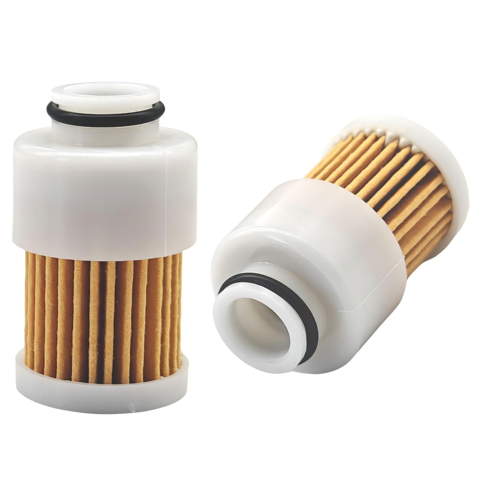 photo of JLM Marine fuel filter element for Mercury 75-115hp 881540, white cylindrical housing, tan pleated filter material, black o-ring seal