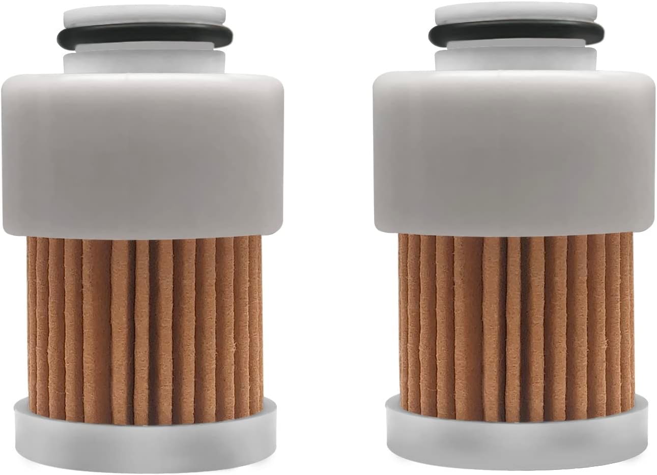 photo of jlm marine fuel filter elemento 68v-24563-00 for yamaha 50-115 hp engines, featuring reddish-brown pleated filter media with gray top cap and white bottom cap