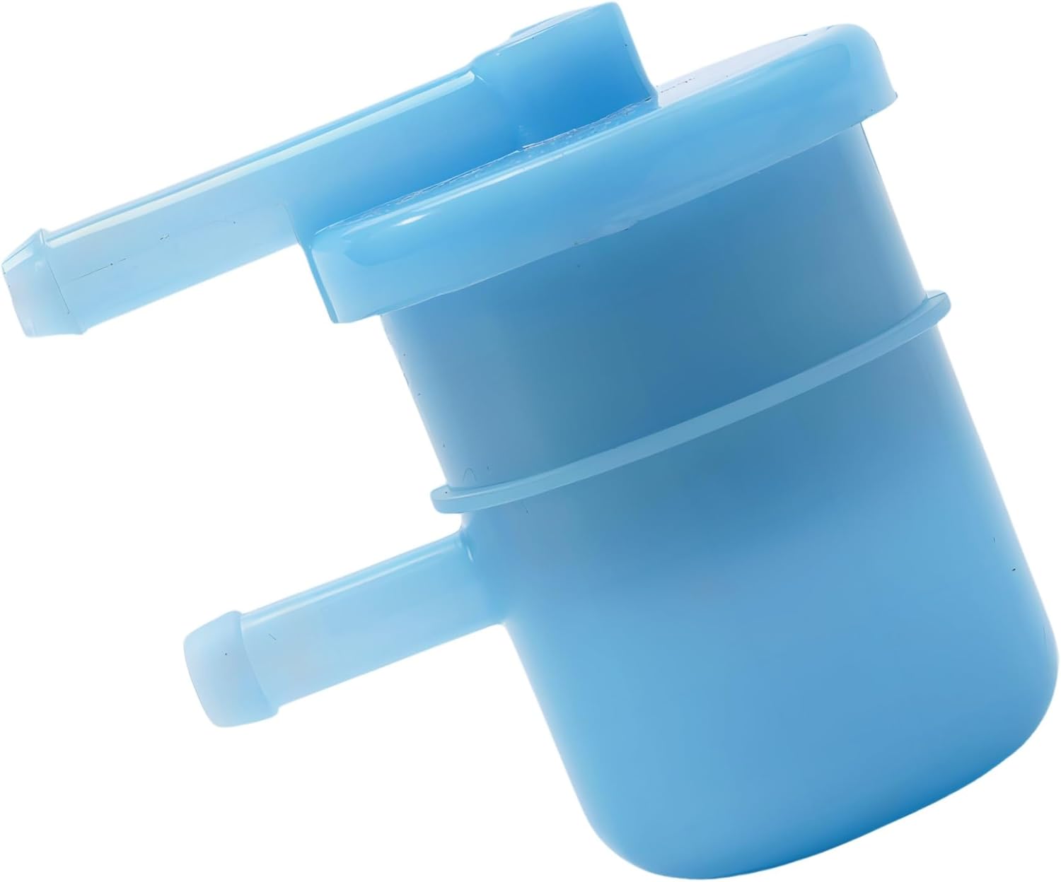 photo of jlm marine fuel filter 18-7716 for johnson evinrude 40-50-70 hp, cylindrical light blue plastic body with two horizontal nozzles