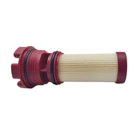 JLM Marine fuel filter for Mercury Mariner 75-300 HP Mercruiser 4.5L 6.2L 35-8M0122423, maroon plastic housing with screw-on connection and three tabs, pleated cream filter element, viewed from side