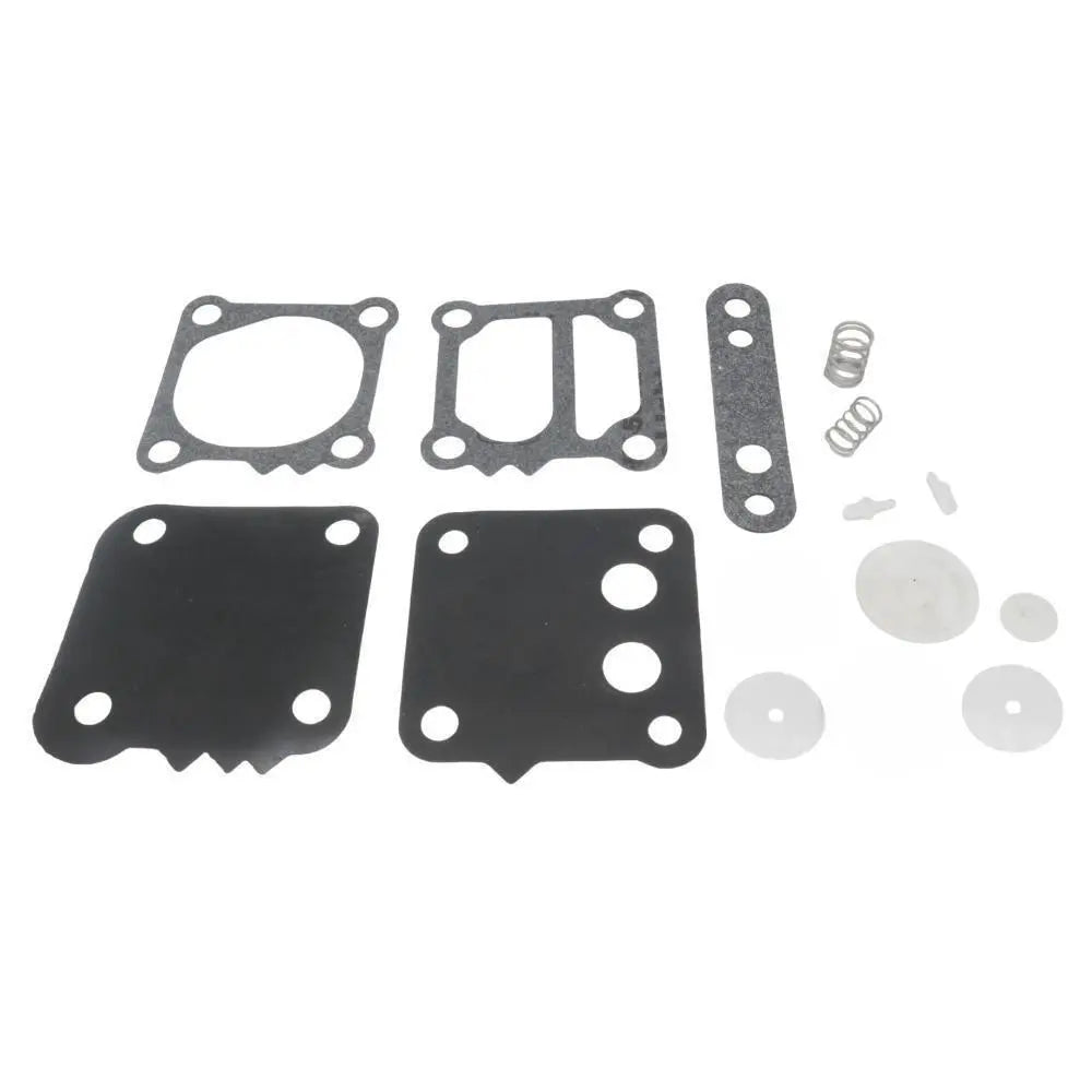photo of jlm marine fuel pump diaphragm kit 42909a1 including dark gray and light gray rectangular gaskets with screw holes and translucent white disc-shaped diaphragms