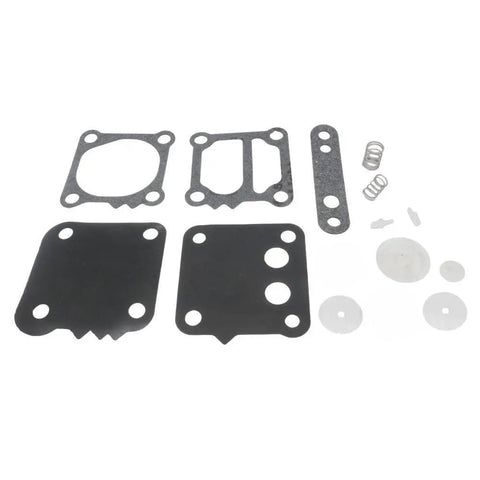 photo of jlm marine fuel pump diaphragm kit 42909a1 including dark gray and light gray rectangular gaskets with screw holes and translucent white disc-shaped diaphragms