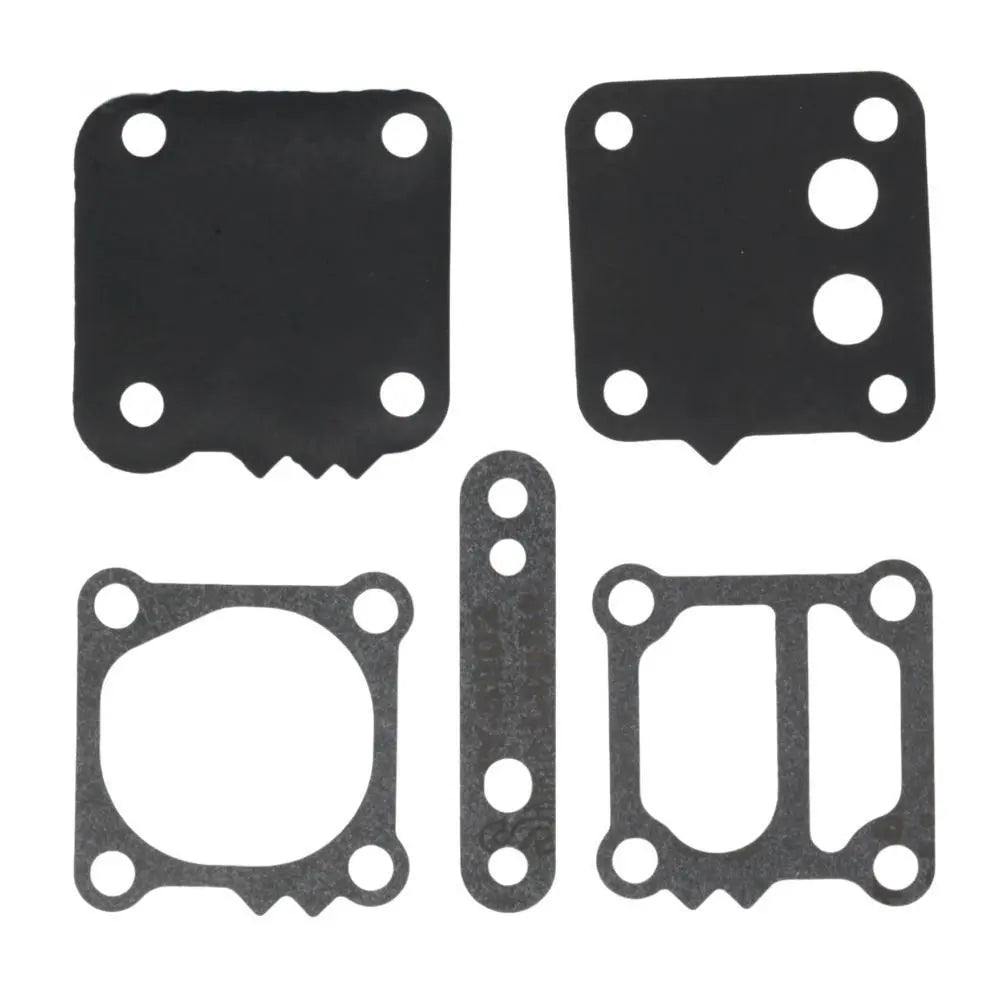 photo fuel pump diaphragm kit for mercury 70-115 hp 42909a1 five dark rubber gaskets arranged with varied hole patterns and notched edges