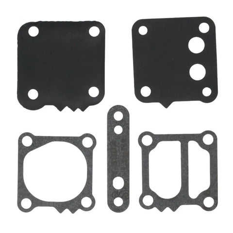 photo fuel pump diaphragm kit for mercury 70-115 hp 42909a1 five dark rubber gaskets arranged with varied hole patterns and notched edges