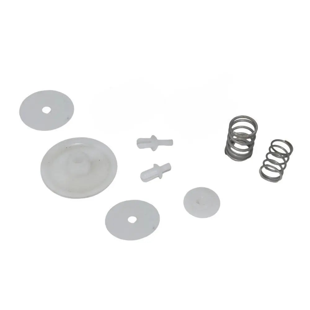 photo of JLM Marine fuel pump diaphragm kit for Mercury 70-115 hp 42909a1 with two white flat discs, a larger ribbed white disc, two t-shaped parts, and two metal springs