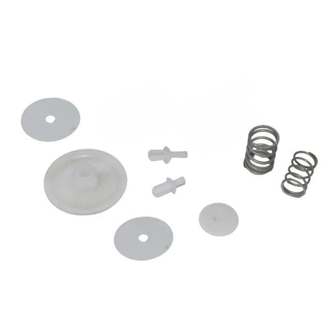 photo of JLM Marine fuel pump diaphragm kit for Mercury 70-115 hp 42909a1 with two white flat discs, a larger ribbed white disc, two t-shaped parts, and two metal springs