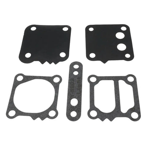 photo of jlm marine fuel pump diaphragm kit for mercury 70-115 hp 42909a1, five grey gaskets with holes, including rectangular with notches, U-shaped frame, and kidney-shaped cutout
