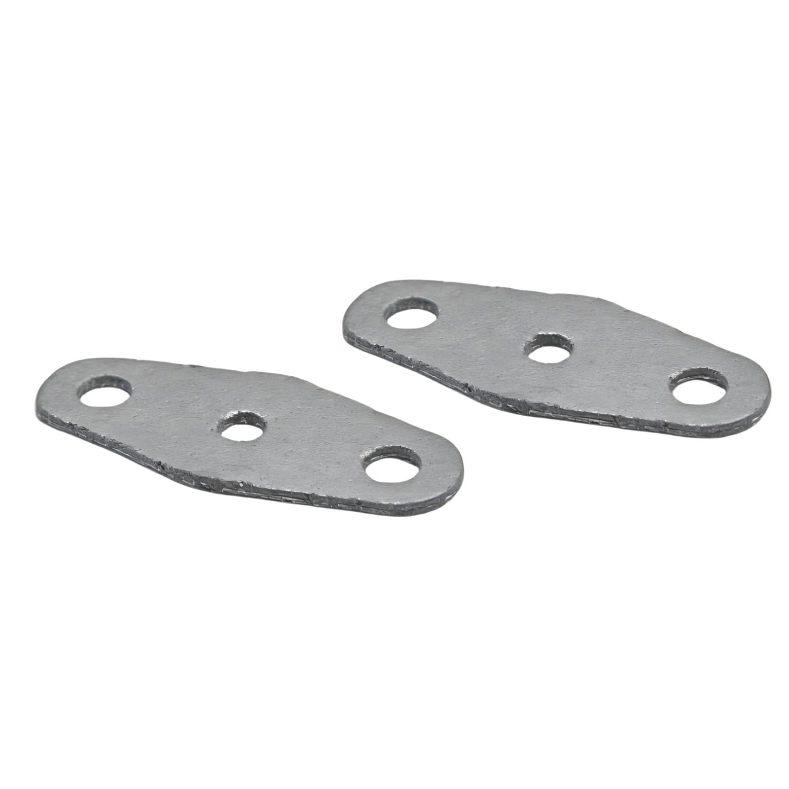 photo of two oval gray metal fuel pump gaskets with two holes each, part 650-24431-a0-2 for yamaha suzuki tohatsu nissan outboard motors