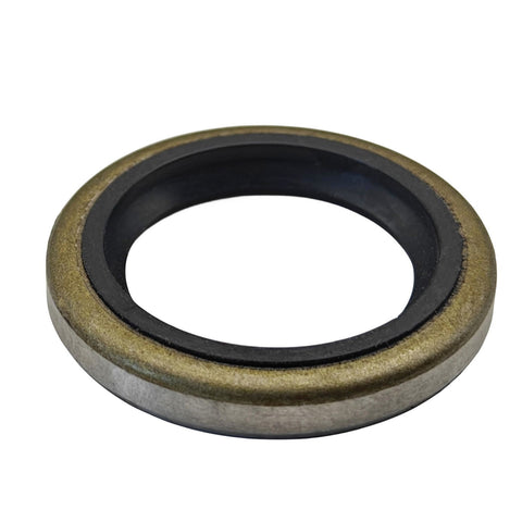 photo of jlm marine gear housing oil seal 26-76869, ring-shaped with silver metal outer ring and black rubber inner seal