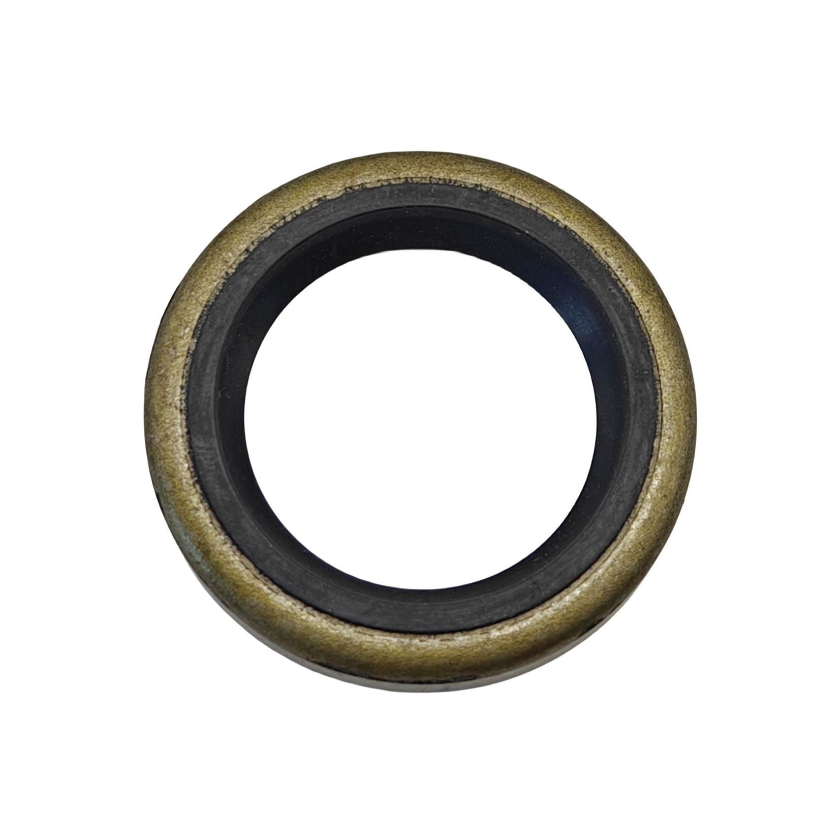photo of a JLM Marine 26-76869 gear housing oil seal, circular brass and black rubber construction, top-down view