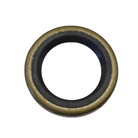 photo of a JLM Marine 26-76869 gear housing oil seal, circular brass and black rubber construction, top-down view