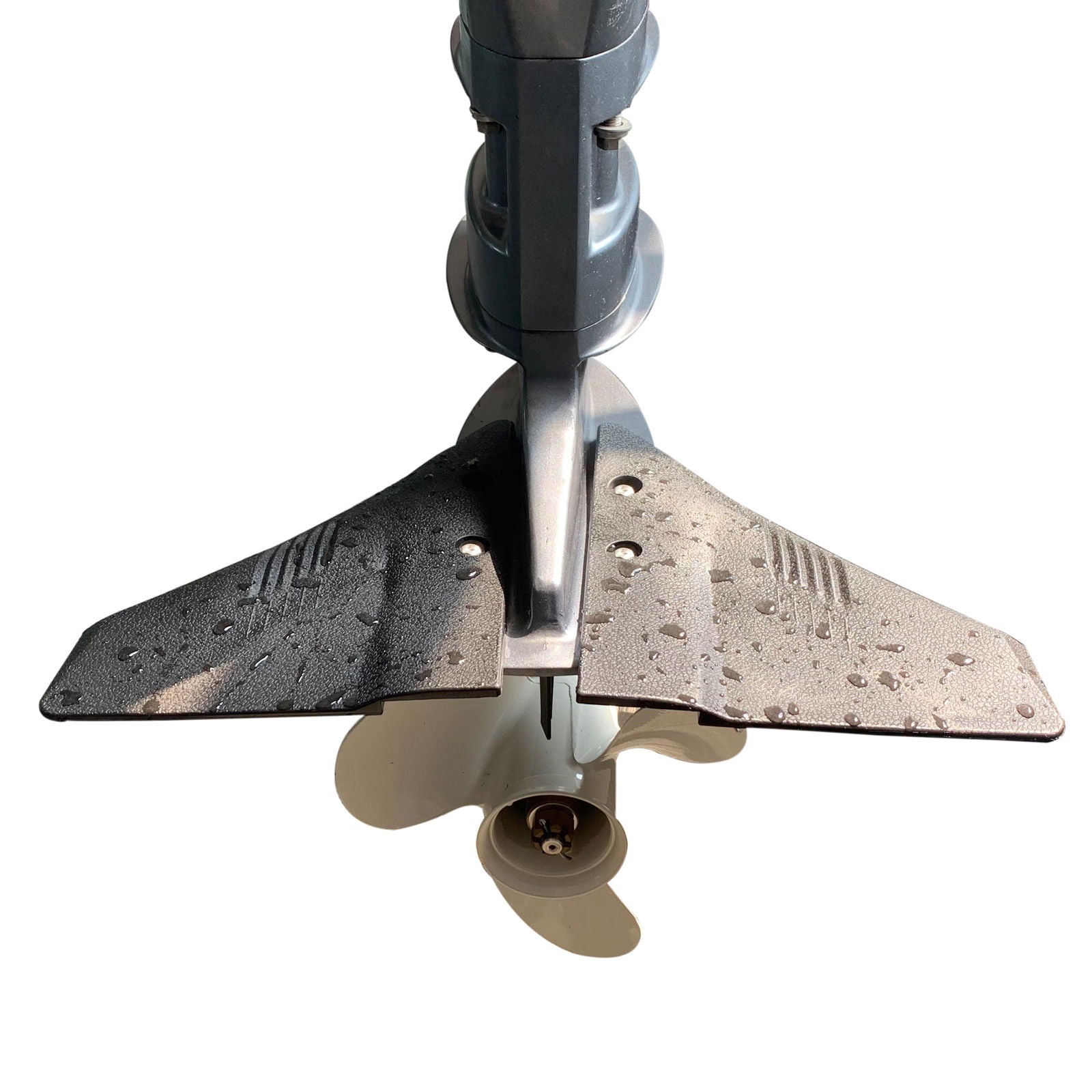 hydrofoil-stabilizer for 5-150 hp outboard and stern drive jlm marine dark gray wing-like trim tab mounted on outboard lower unit gearbox above silver three-bladed propeller