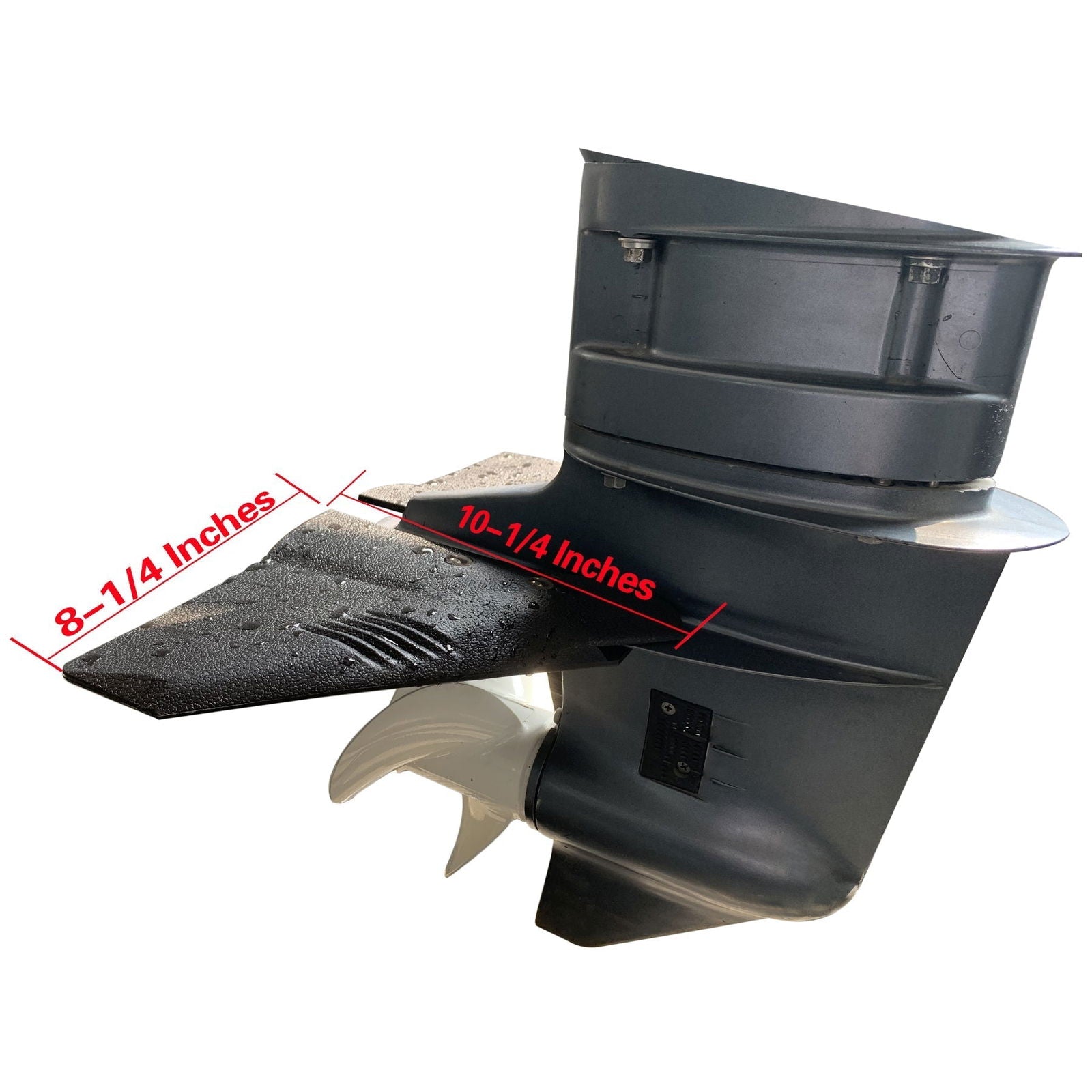 photo hydrofoil stabilizer jlm marine for 5-150hp outboard stern drive 8-1/4 inch length showing two red markings and water droplets on textured dark plate