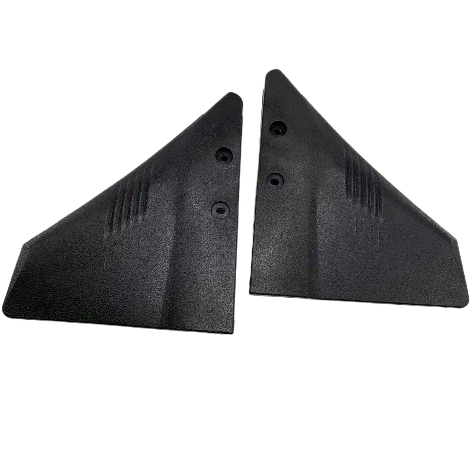 photo of jlm marine hydrofoil stabilizer for 5-150 hp outboard, two black triangular plastic fins with pebbled texture and diagonal ridges, two screw holes