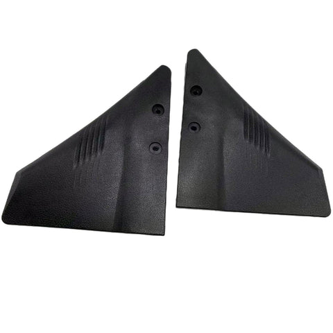 photo of jlm marine hydrofoil stabilizer for 5-150 hp outboard, two black triangular plastic fins with pebbled texture and diagonal ridges, two screw holes