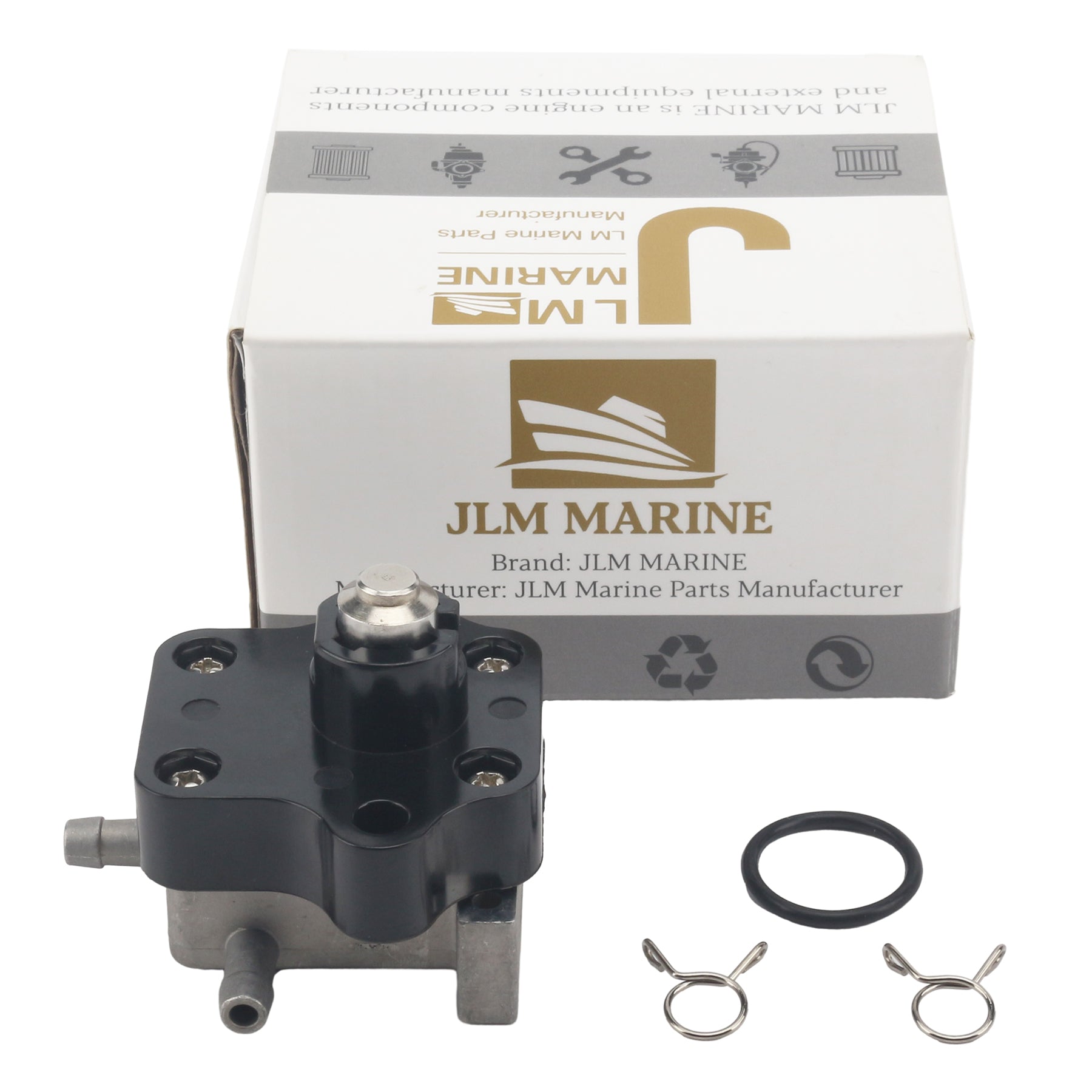 photo of jlm marine fuel pump with rubber o-ring and spring hose clamps, black plastic housing with metallic base and two side barbs