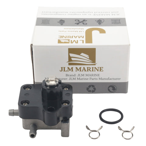 photo of jlm marine fuel pump with rubber o-ring and spring hose clamps, black plastic housing with metallic base and two side barbs