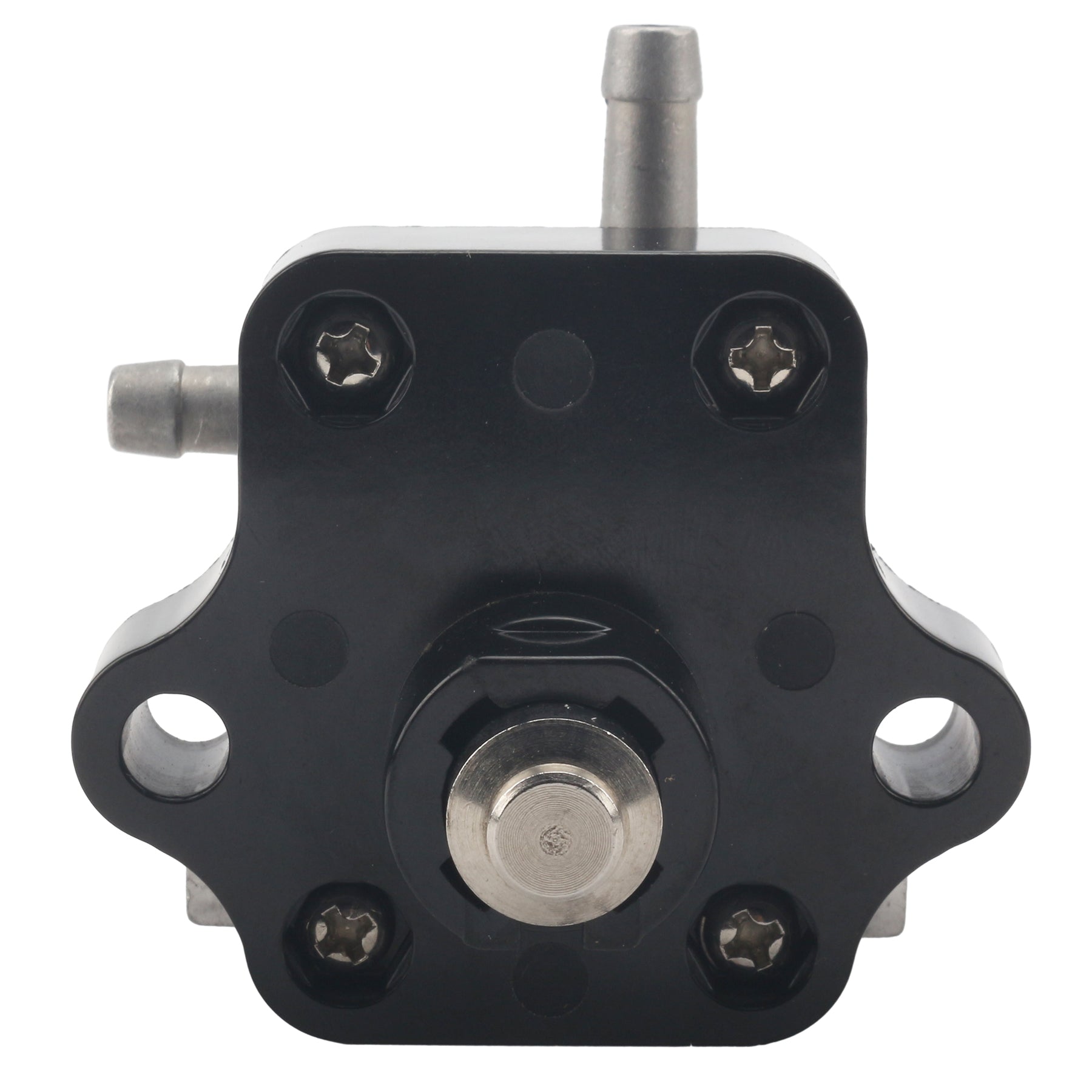 photo of jlm marine fuel pump assembly 803529t1 black rectangular pump with rounded corners silver nozzle and central screw mounted on black plate with hex screws for mercury mariner 4-6 hp 4-stroke