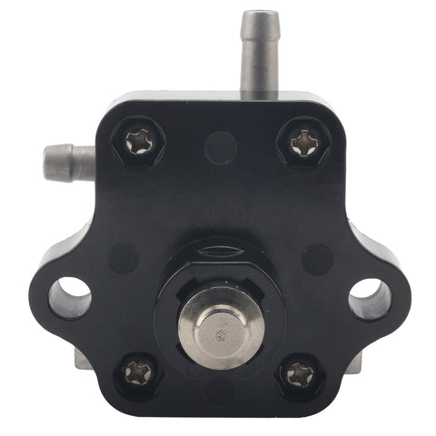 photo of jlm marine fuel pump assembly 803529t1 black rectangular pump with rounded corners silver nozzle and central screw mounted on black plate with hex screws for mercury mariner 4-6 hp 4-stroke