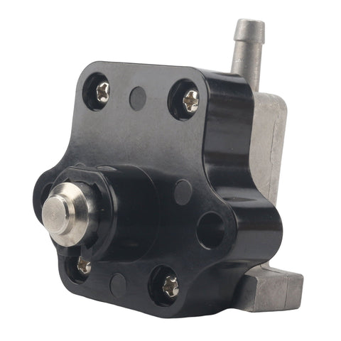 photo of JLM Marine fuel pump assembly, black plastic housing with silver screws, silver metal component with ribbed texture, silver metal tube inlet/outlet, for Mercury Mariner 4-6 HP 4-stroke models, 803529t1