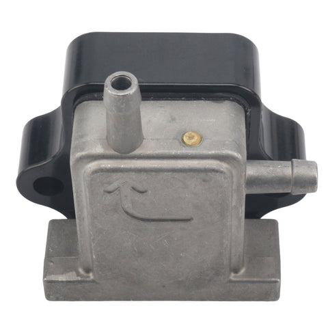 photo of jlm marine fuel pump assembly 803529t1 for mercury mariner 4-6 hp 4-stroke, gray metal body with black plastic cover, visible spouts and brass screw