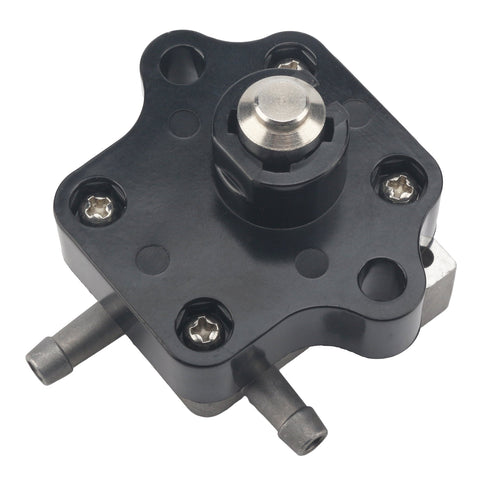 photo of jlm marine fuel pump assembly for mercury mariner 4-6 hp 4-stroke, black octagonal housing with rounded corners, central metal plunger with silver head, two metal hose-barb fittings, notched rotatable collar, white background