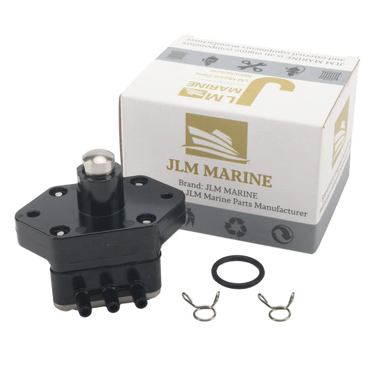 photo of JLM Marine fuel pump 62y-24410-04 for Yamaha 20-60hp outboards, black with shiny metal plunger, includes O-ring and clamps