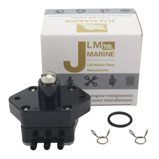 photo of a hexagonal black jlm marine fuel pump with three black nipple fittings and silver screws, including a black o-ring and two silver spring clamps, with jlm marine branding on the white box.