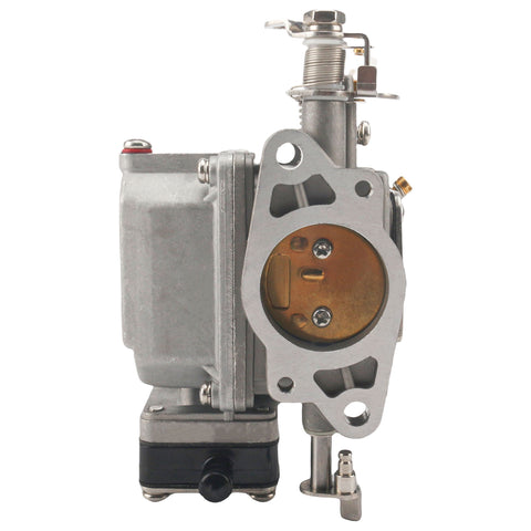 photo of JLM Marine carburetor, metal, silver-grey, black component left, brass plate right, top rod with spring, red cap