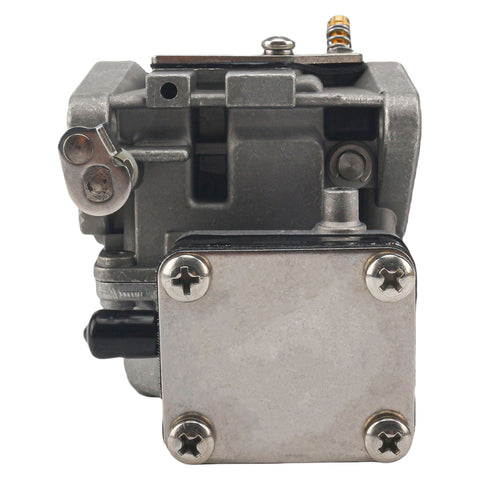 photo of jlm marine carburetor with lever and mounting plate, dull metallic finish