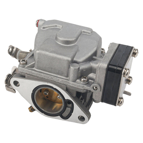 photo jlm marine carburetor silver tone black brass accents intake flange with gasket mounting holes idle adjustment screw lever choke mechanism electric solenoid black top red cap