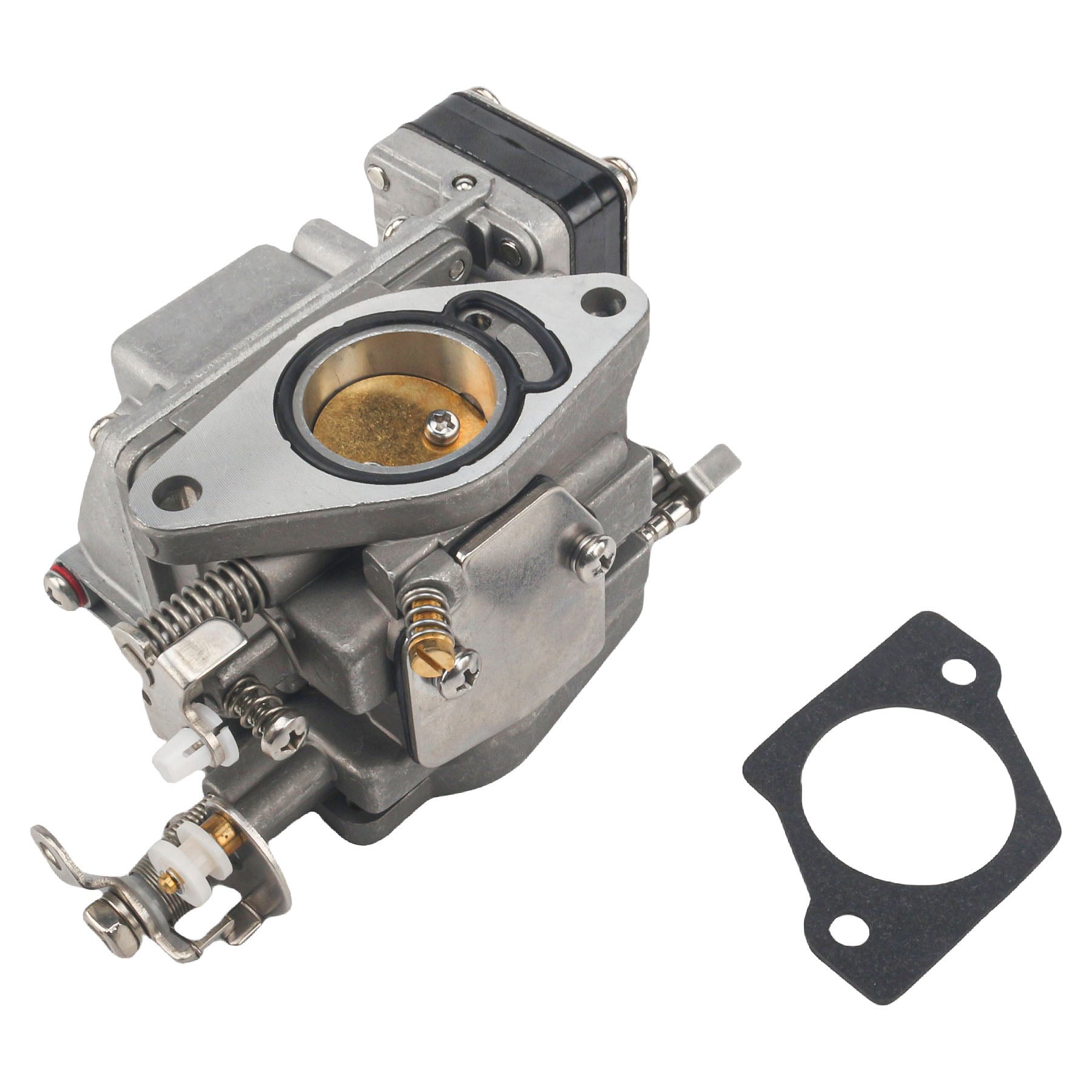 photo jlm marine carburetor and gasket with visible intake opening linkages and mounting holes