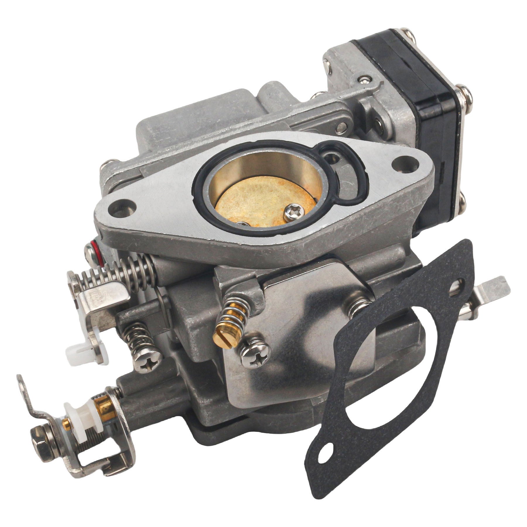 close-up photo of a jlm marine carburetor made of gray metal with brass accents and a black gasket with mounting holes