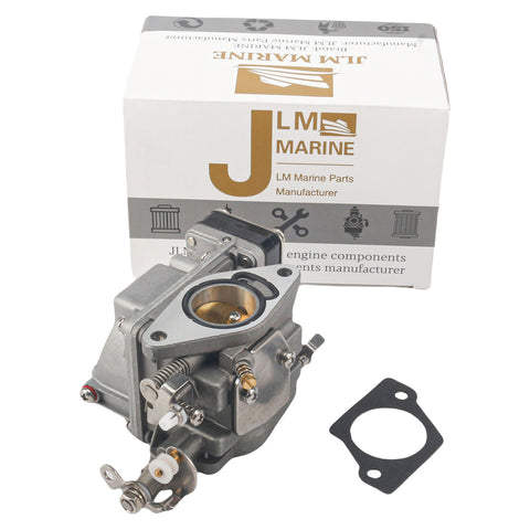 photo of a JLM Marine carburetor with black plastic housing and silver-toned metal components, includes gasket and JLM Marine parts manufacturer packaging