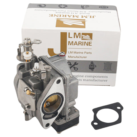 photo of JLM marine carburetor for outboard engines, silver-toned metal body with brass and white plastic parts, includes black gasket viewed from side