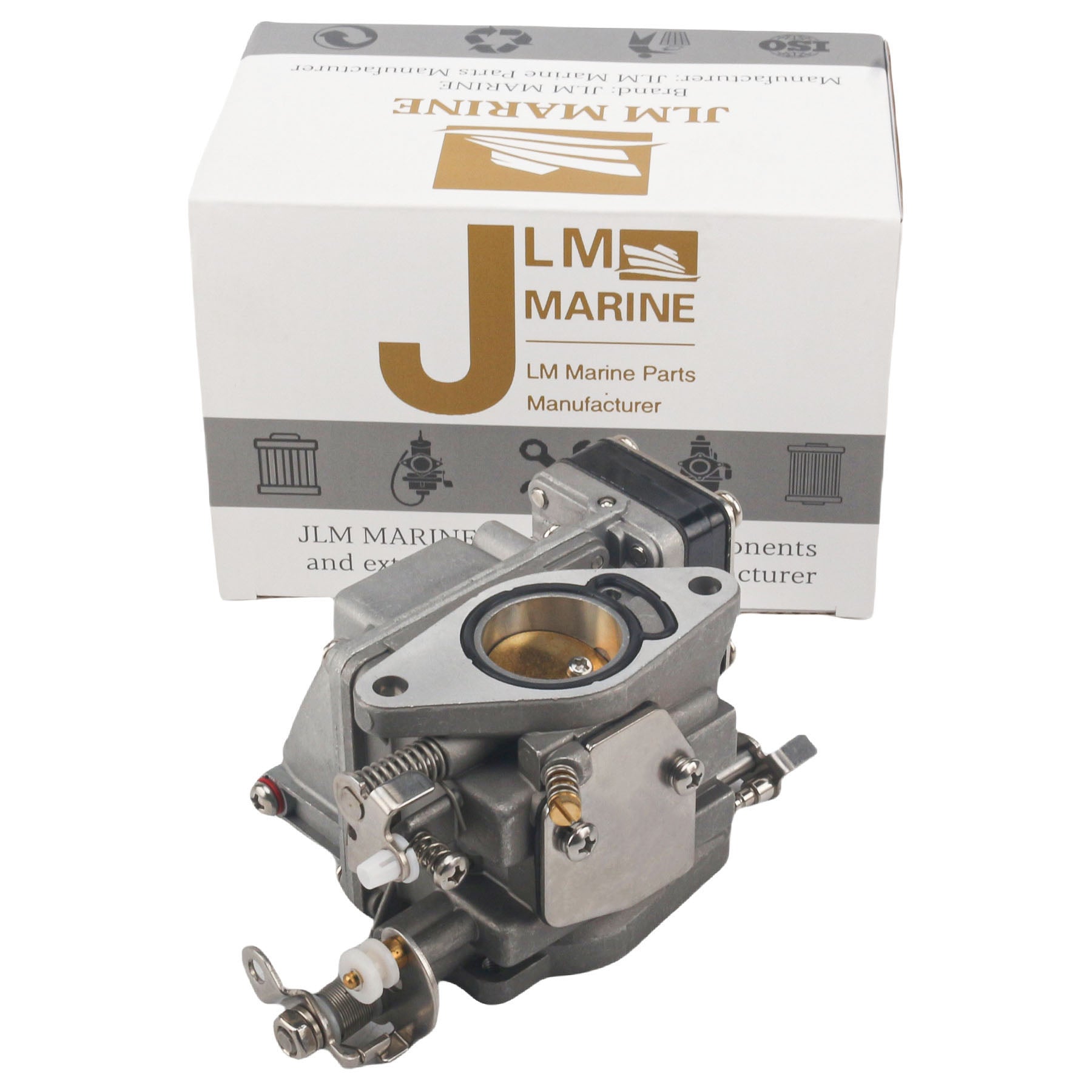 photo of jlm marine carburetor with intake flange brass bore throttle linkage and black choke mechanism
