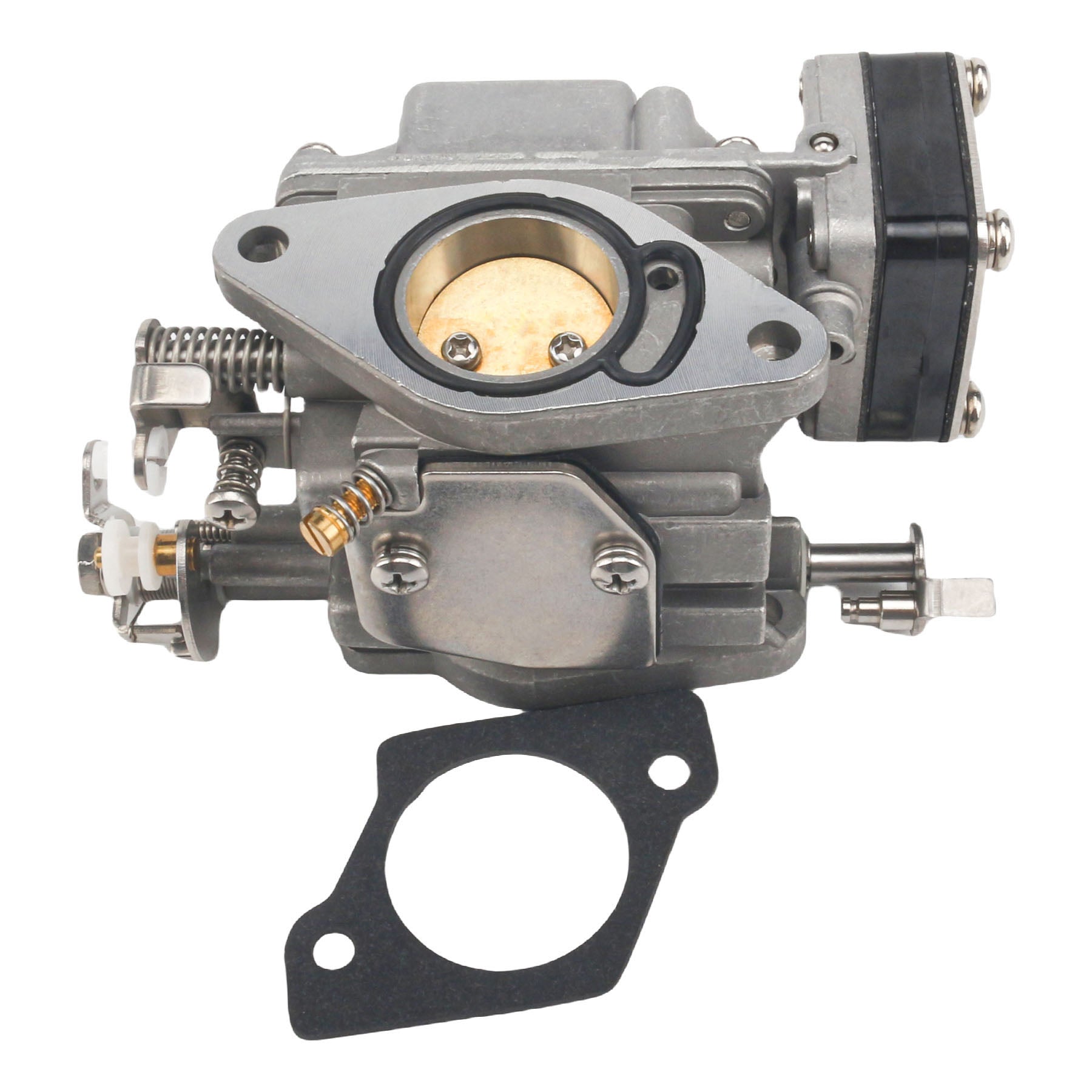 photo of jlm marine carburetor with intake port, gasket, linkages and adjusting screw