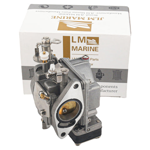 photo of JLM Marine carburetor with brass and white plastic parts, levers and springs, in original packaging