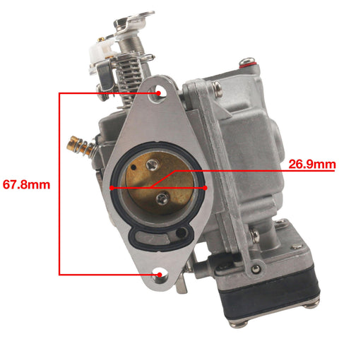 photo jlm marine carburetor 26.9mm bore mounting flange with gasket visible internal brass components and lever assembly silver-gray